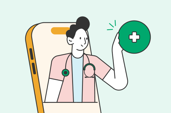 A doctor peeking out of a phone holding a medical cross.png